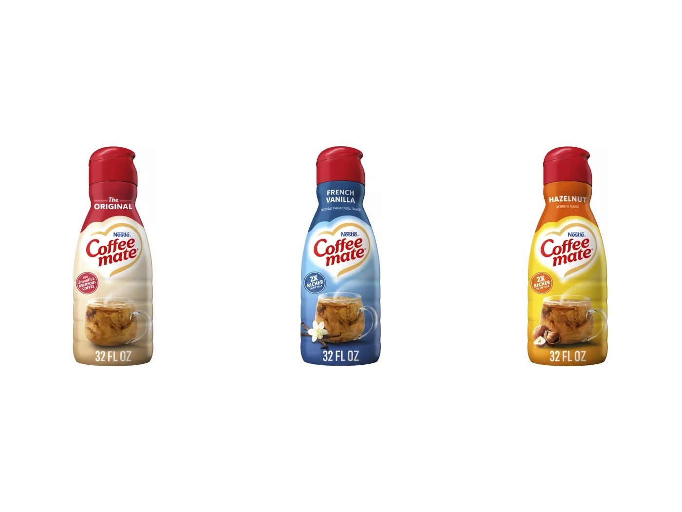 Nestlé Coffee-mate creamers — The Original, French Vanilla and Hazelnut, the three flavours poured at the coffee bar