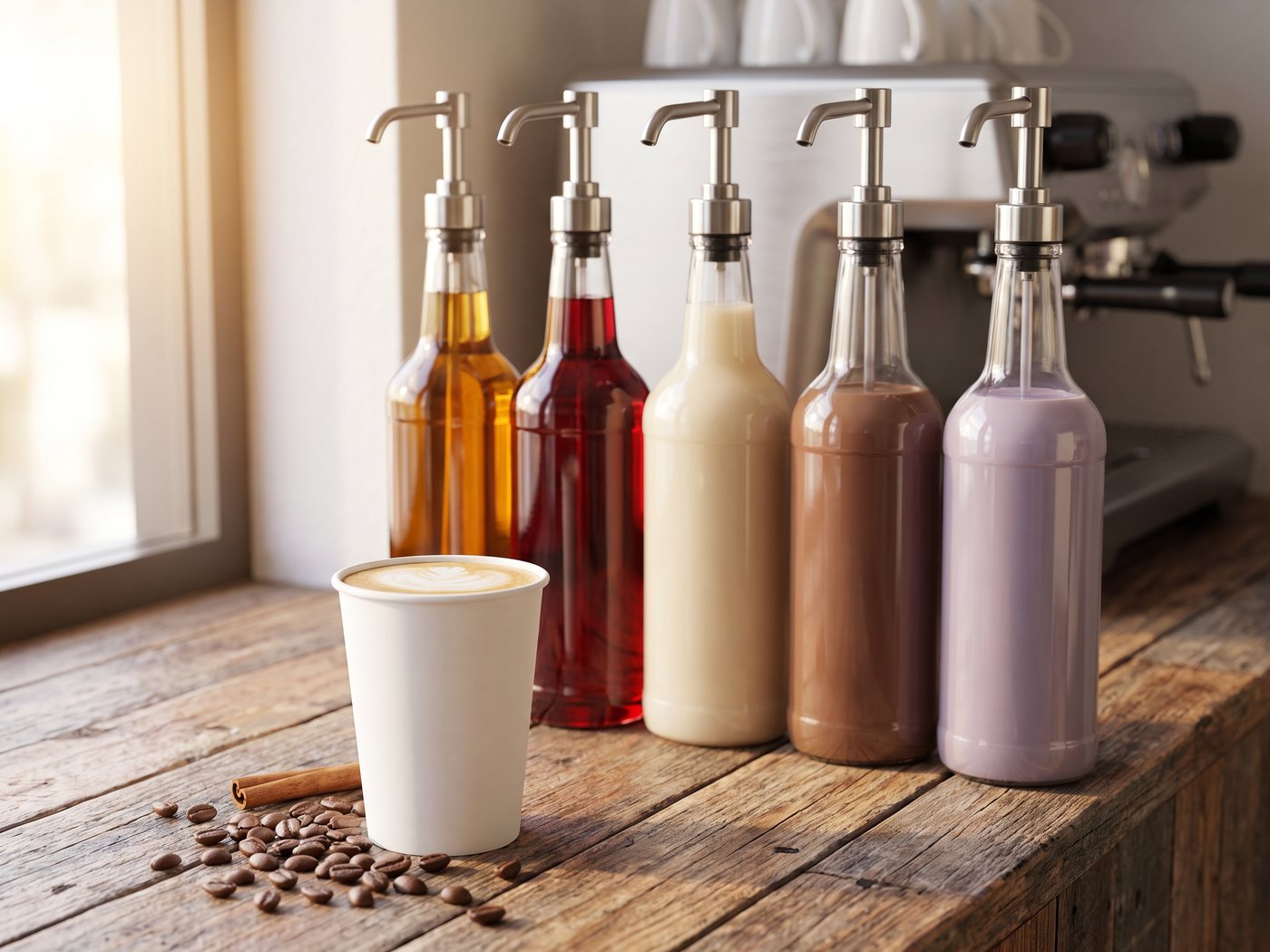 A row of pump-top coffee syrup bottles beside a fresh latte on the coffee-bar counter