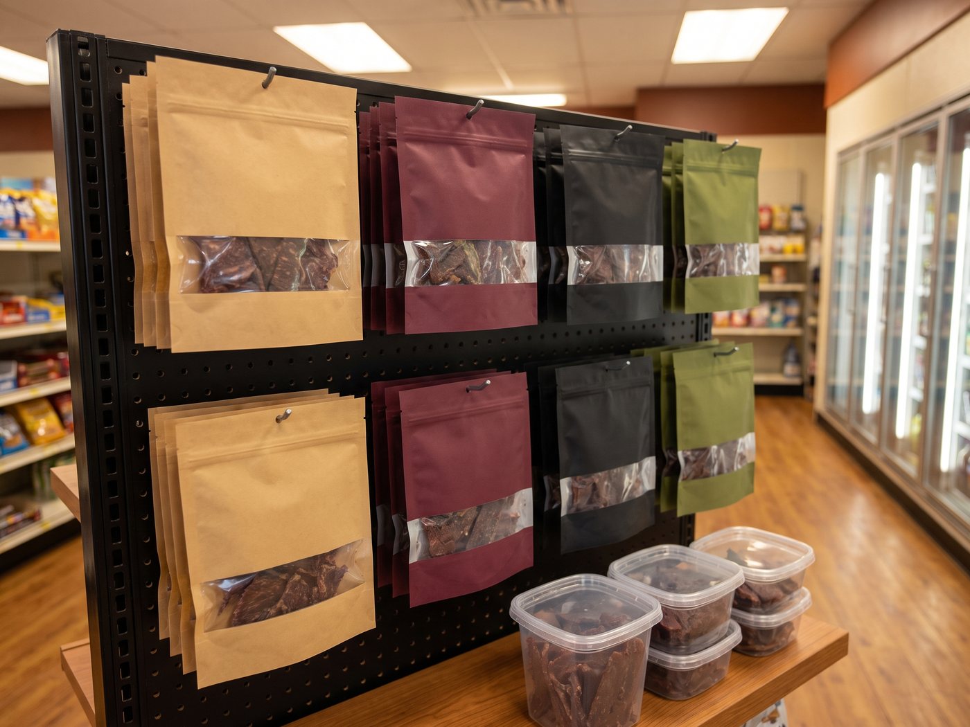 A peg rack of jerky pouches with resealable tubs of premium jerky on the shelf below