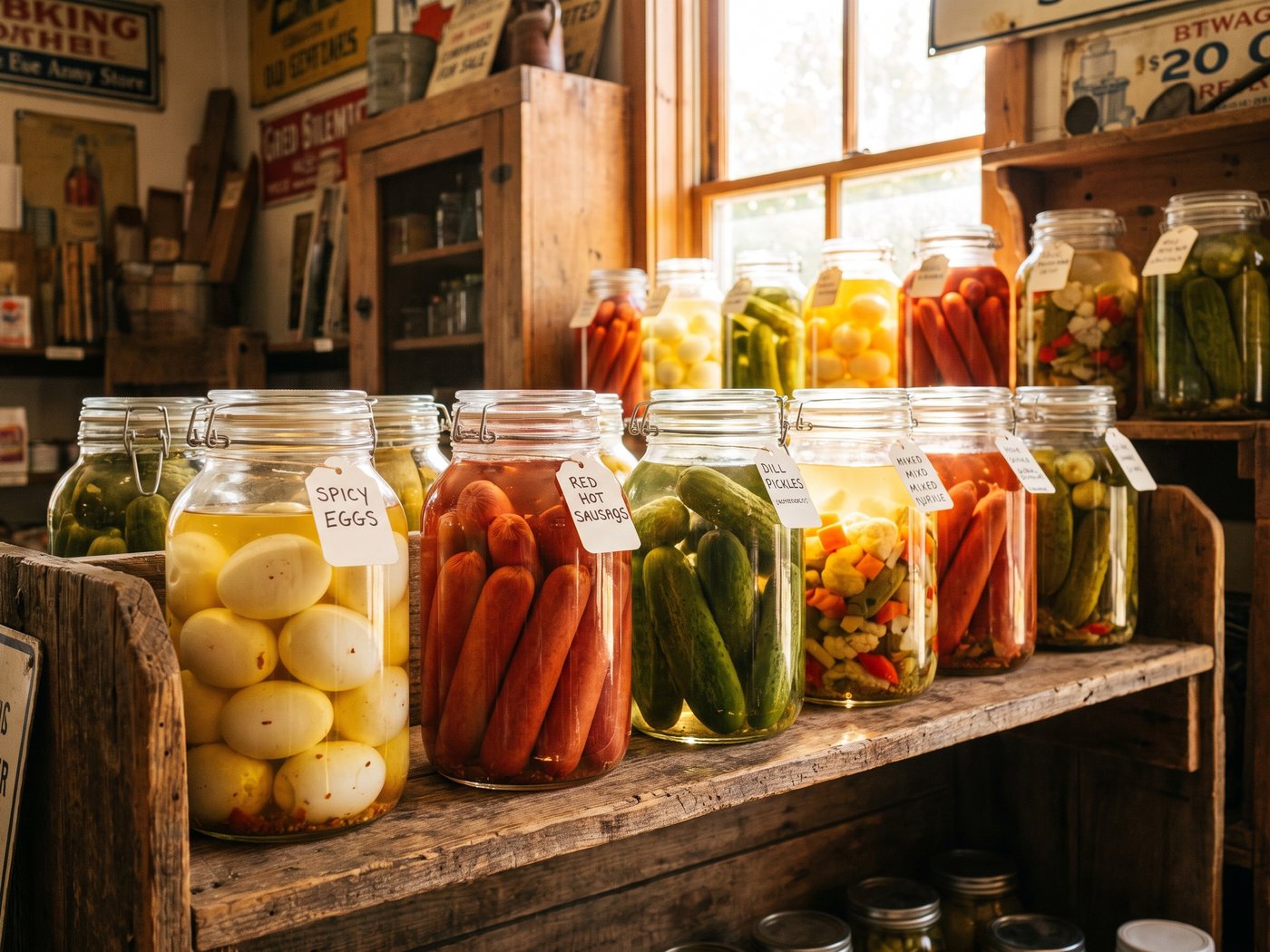 Glass jars of pickled eggs, pickled sausage and dill pickles backlit on a wooden shelf