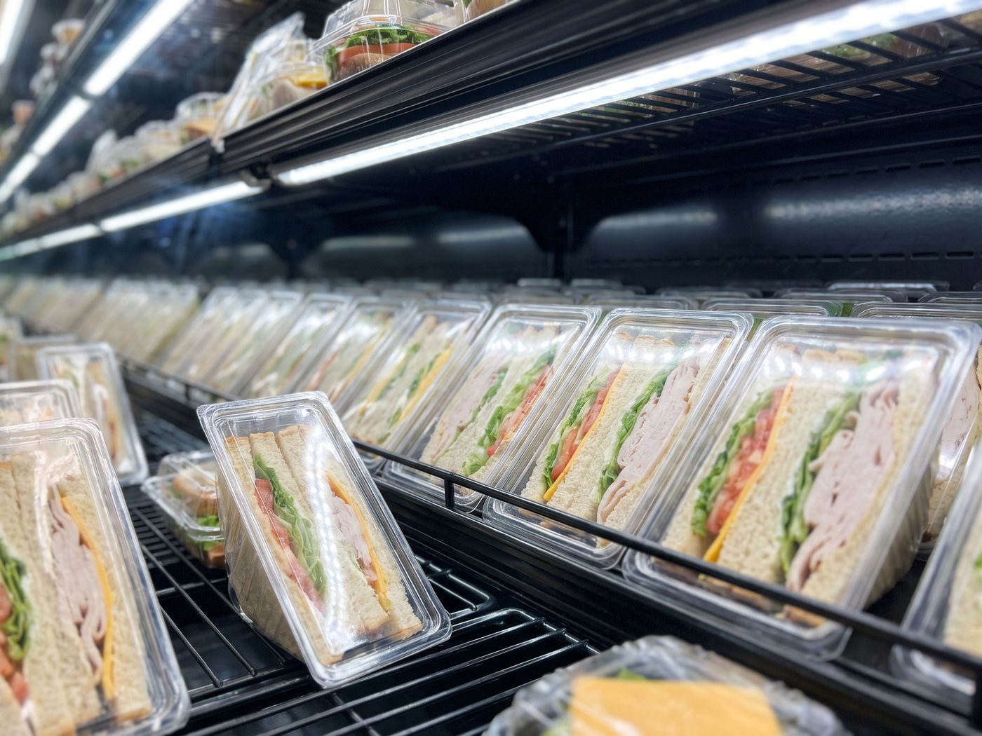 The refrigerated grab-and-go case stocked with fresh packaged sandwiches, wraps and hoagies