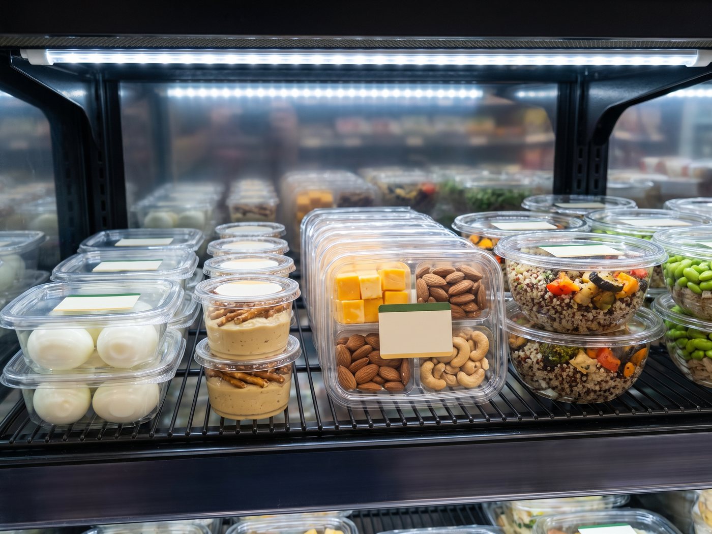 Refrigerated protein snack trays — hard boiled eggs, hummus, cheese and nut combos, protein bowls