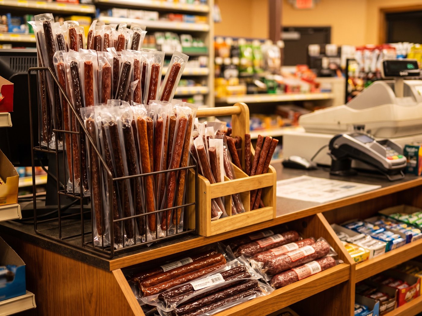 A rack of individually wrapped meat snack sticks with pepperoni and salami on the shelf below