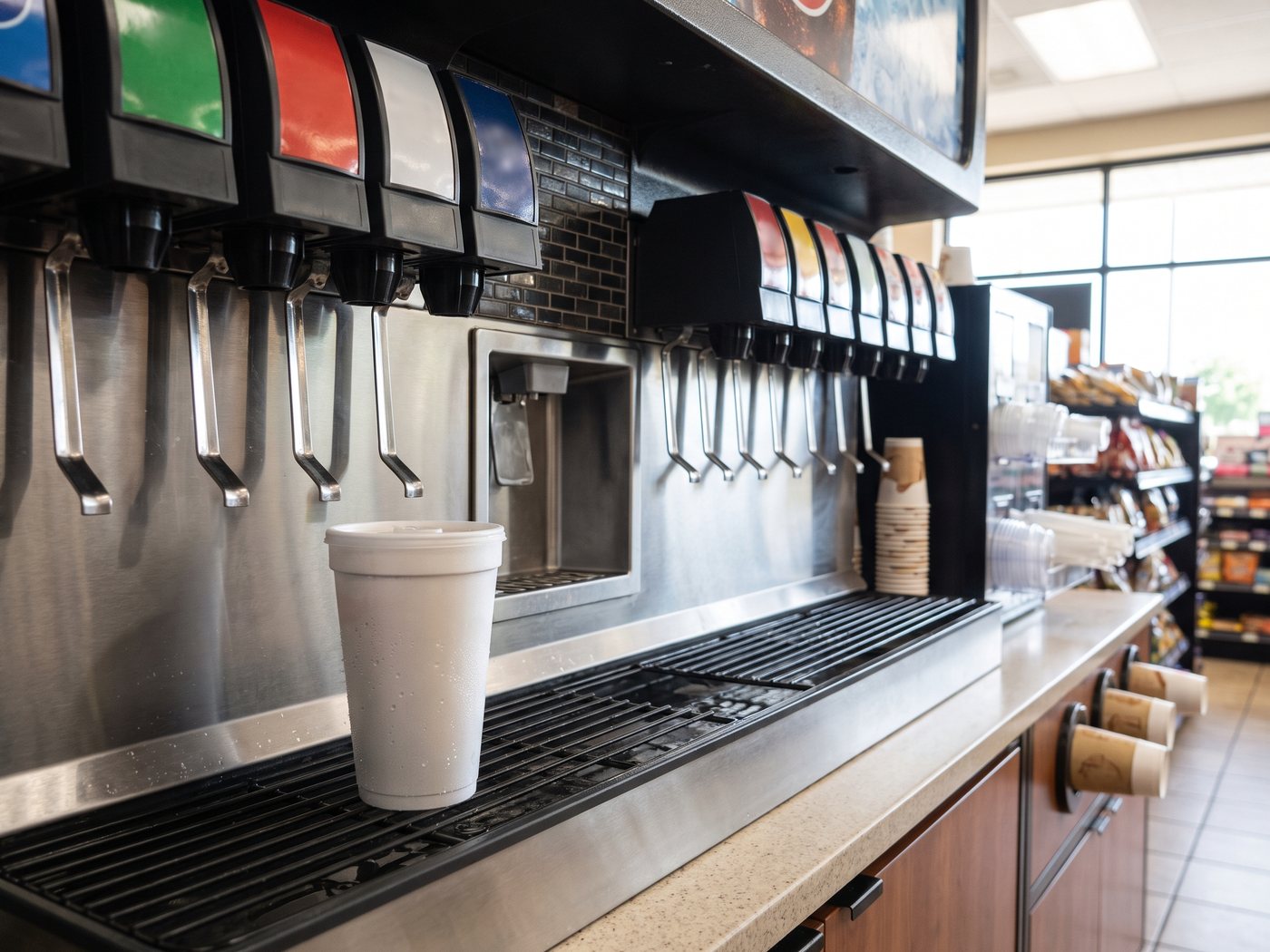 The self-serve fountain drink station — eight beverage levers, ice dispenser and stacked cups