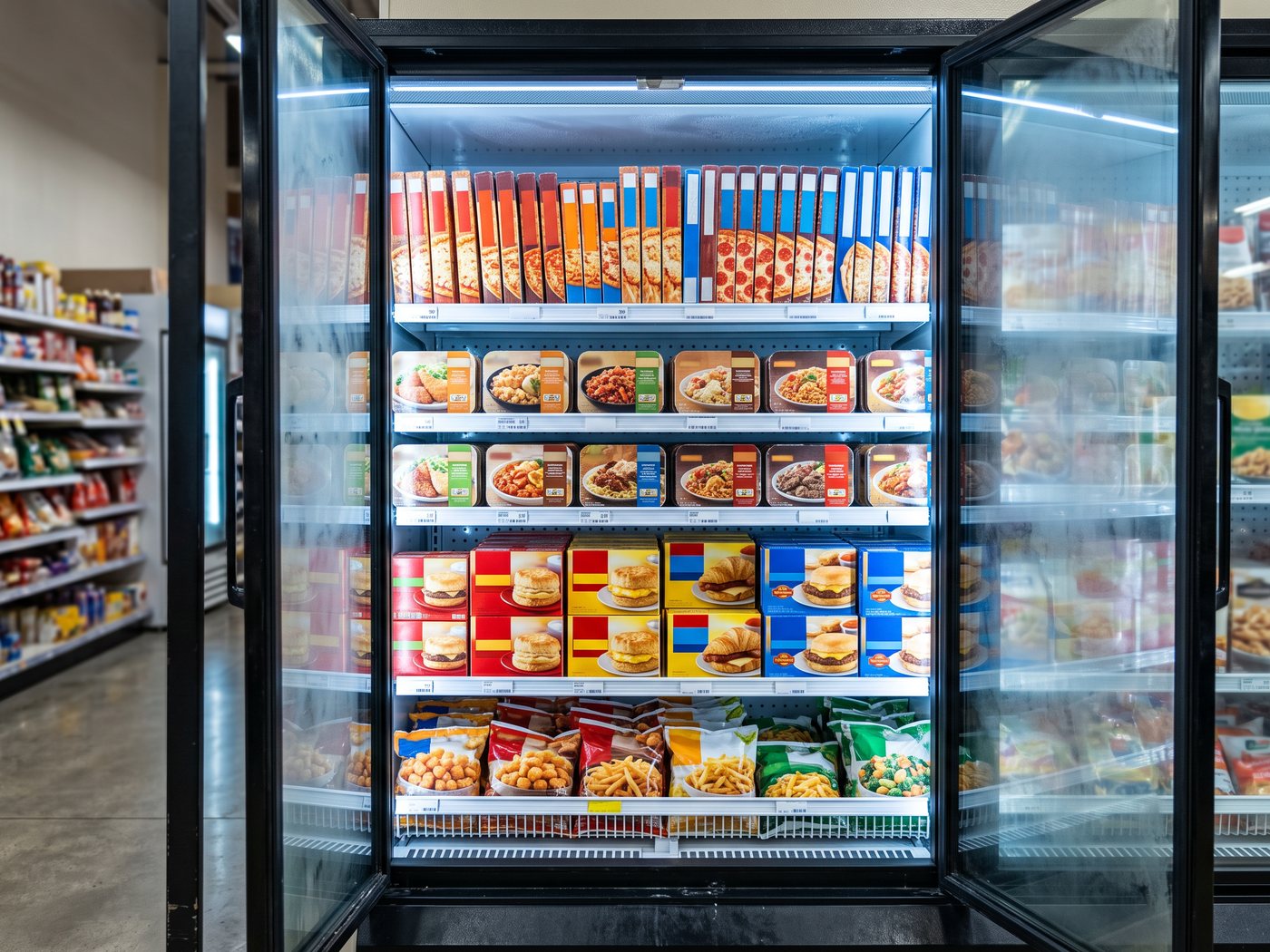 The frozen aisle — stacked pizzas, microwave meals and breakfast items behind glass doors