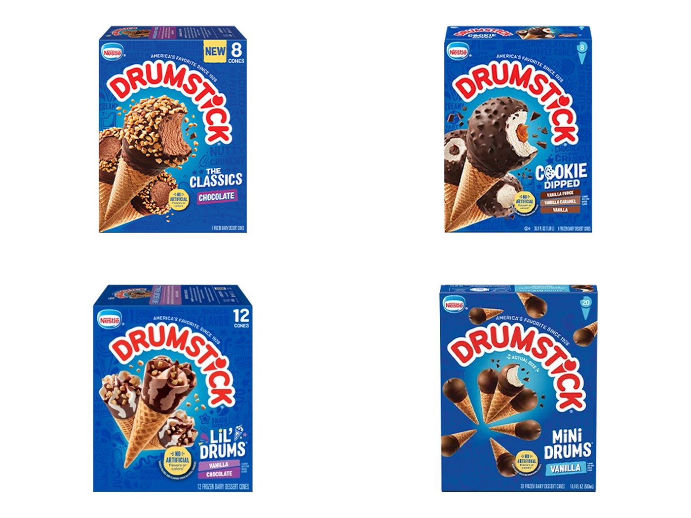 Drumstick sundae cone packs — The Classics, Cookie Dipped, Lil' Drums and Mini Drums
