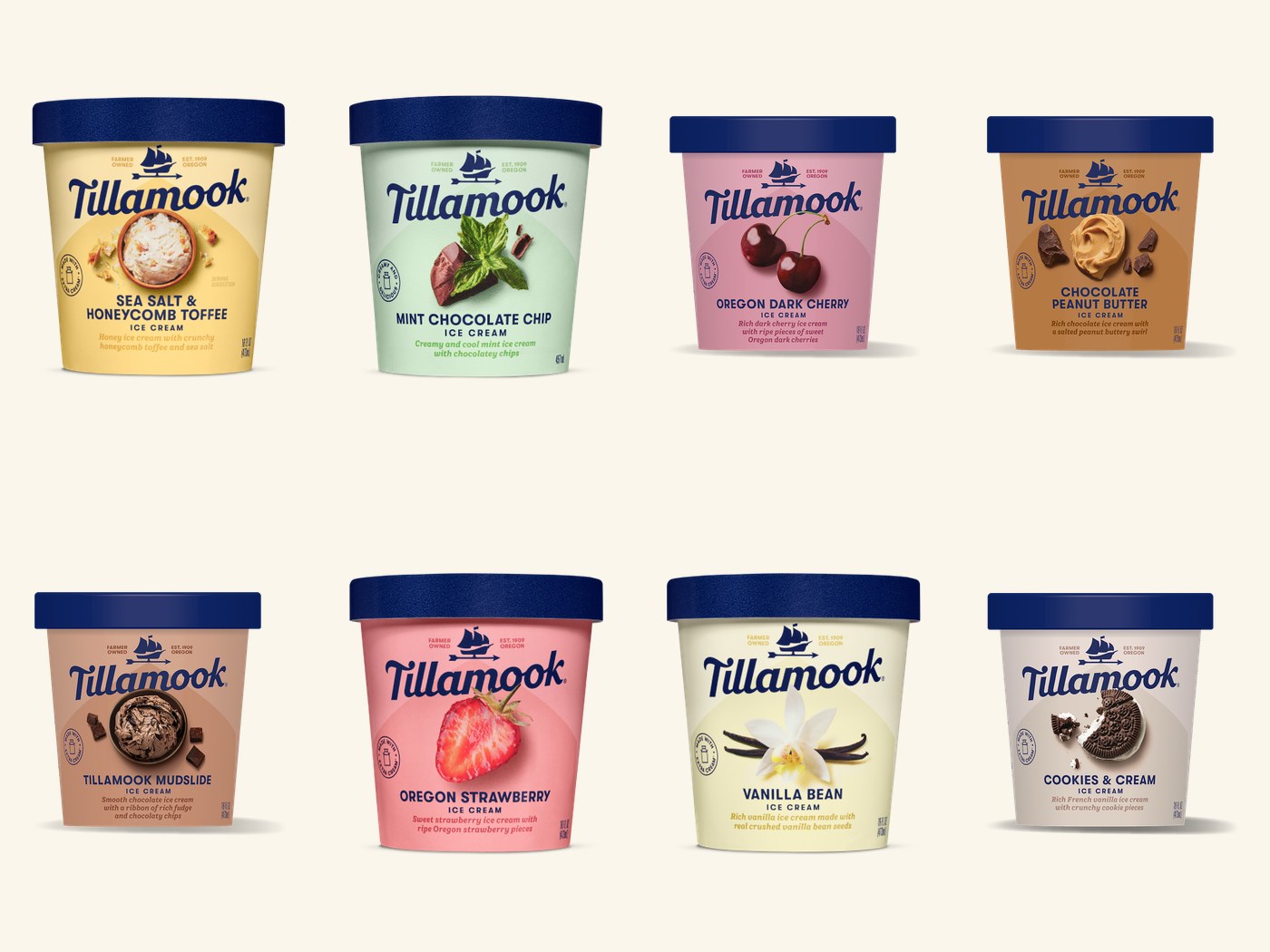 Tillamook ice cream pints — Sea Salt Honeycomb Toffee, Mint Chocolate Chip, Oregon Dark Cherry, Chocolate Peanut Butter, Mudslide, Oregon Strawberry, Vanilla Bean and Cookies & Cream