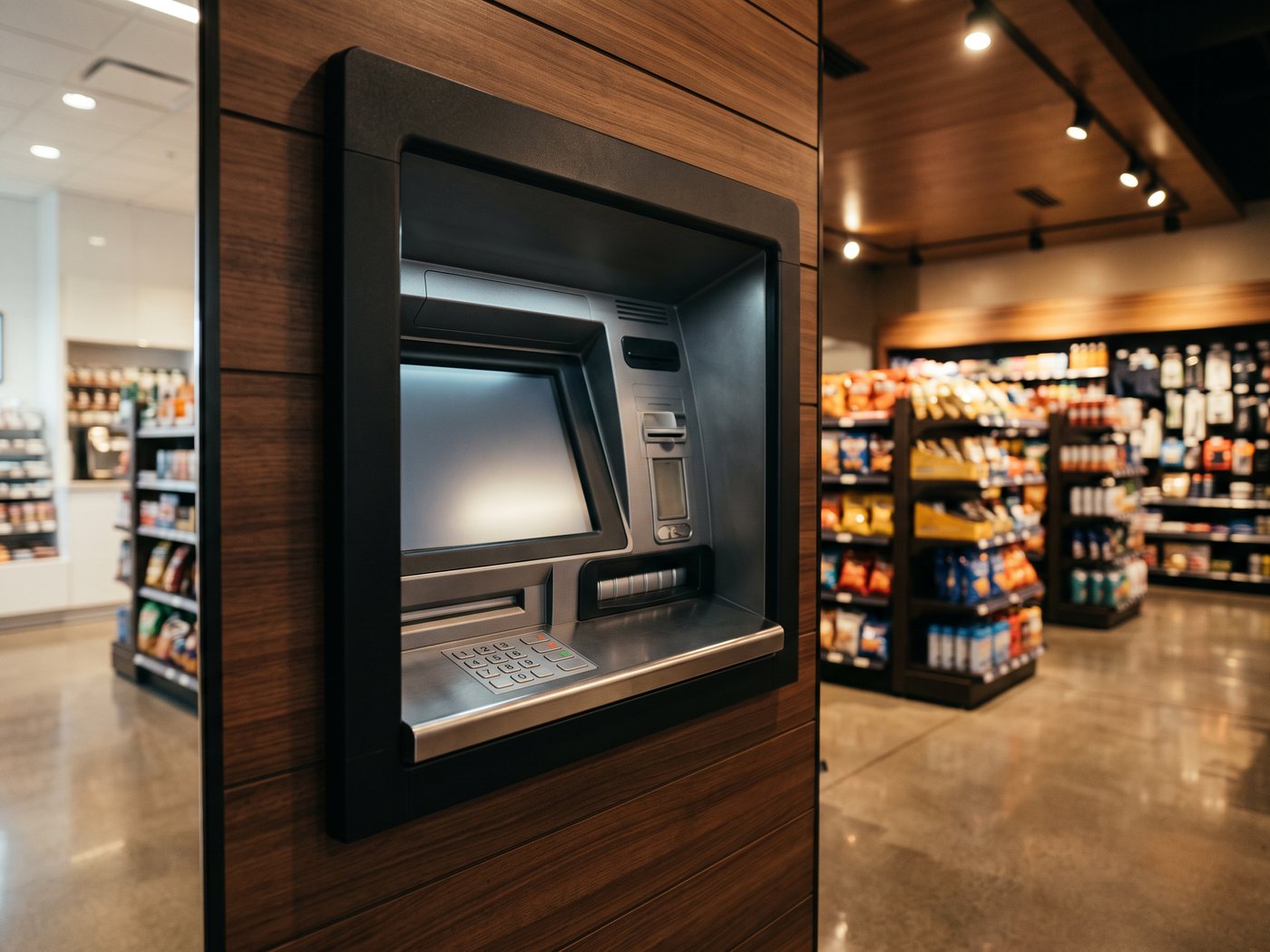 A wall-mounted ATM cash machine inside the store