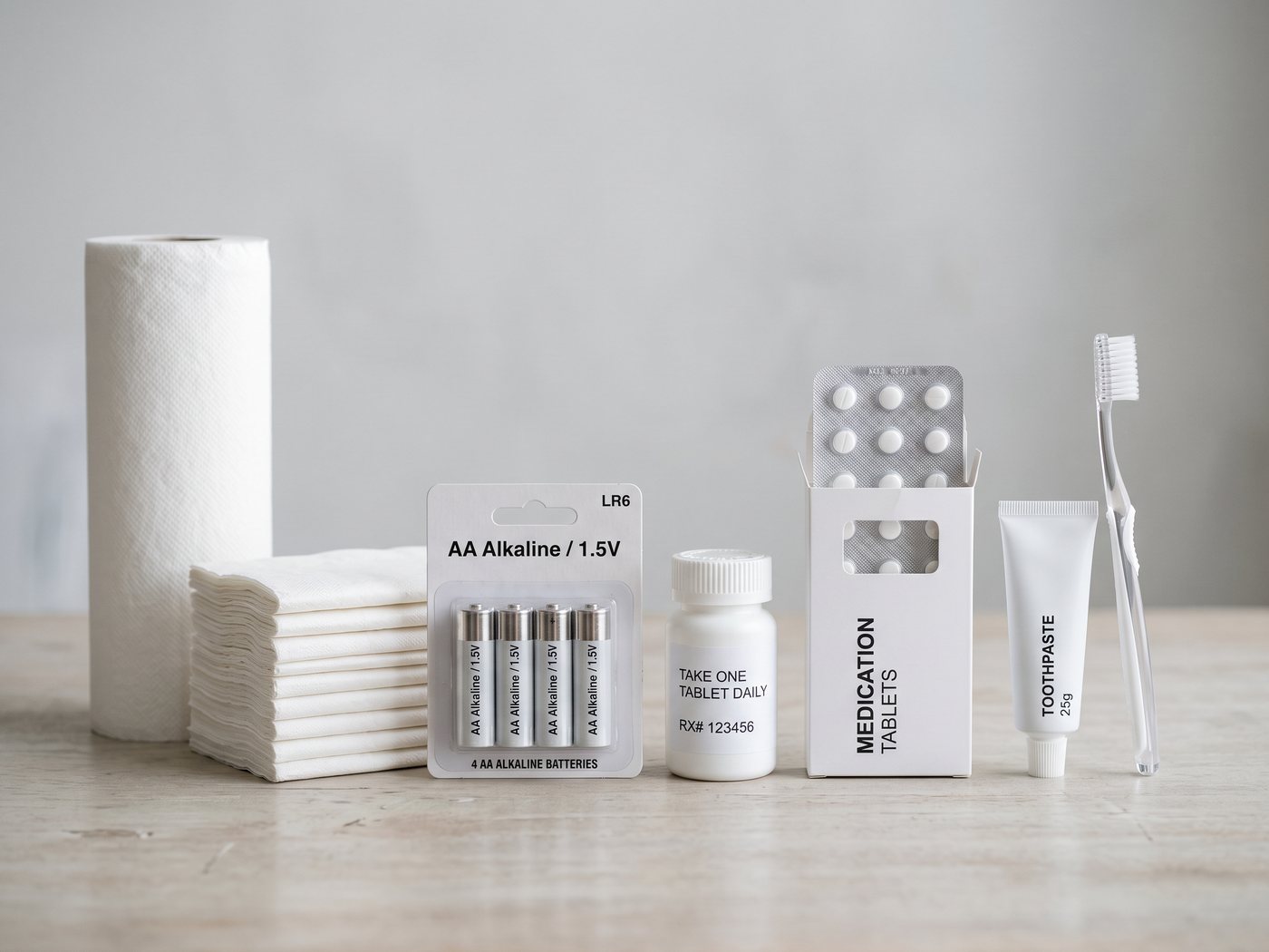 Household essentials — paper towel, napkins, batteries, pain relief and travel toiletries