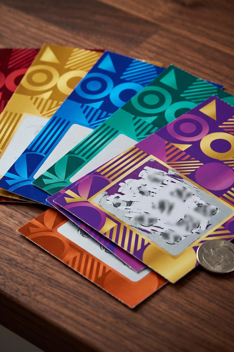 Instant-win scratch-off lottery tickets fanned out on the counter