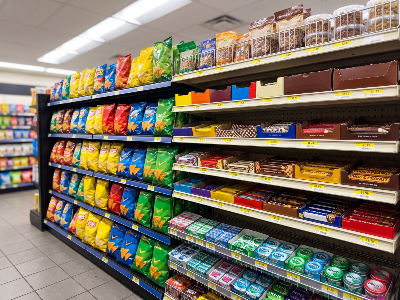 The snack and candy aisle — chips, chocolate, candy and gum on faced-up shelving