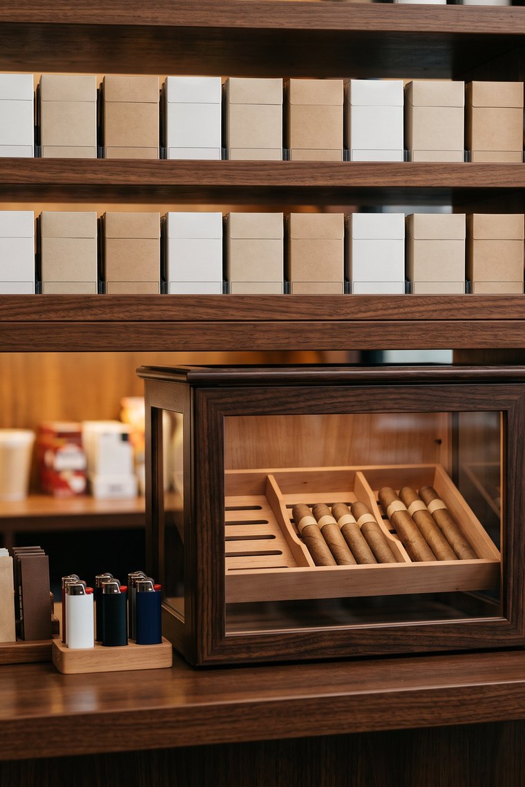 The tobacco counter — overhead pack rack, a glass humidor of cigars, rolling papers and lighters