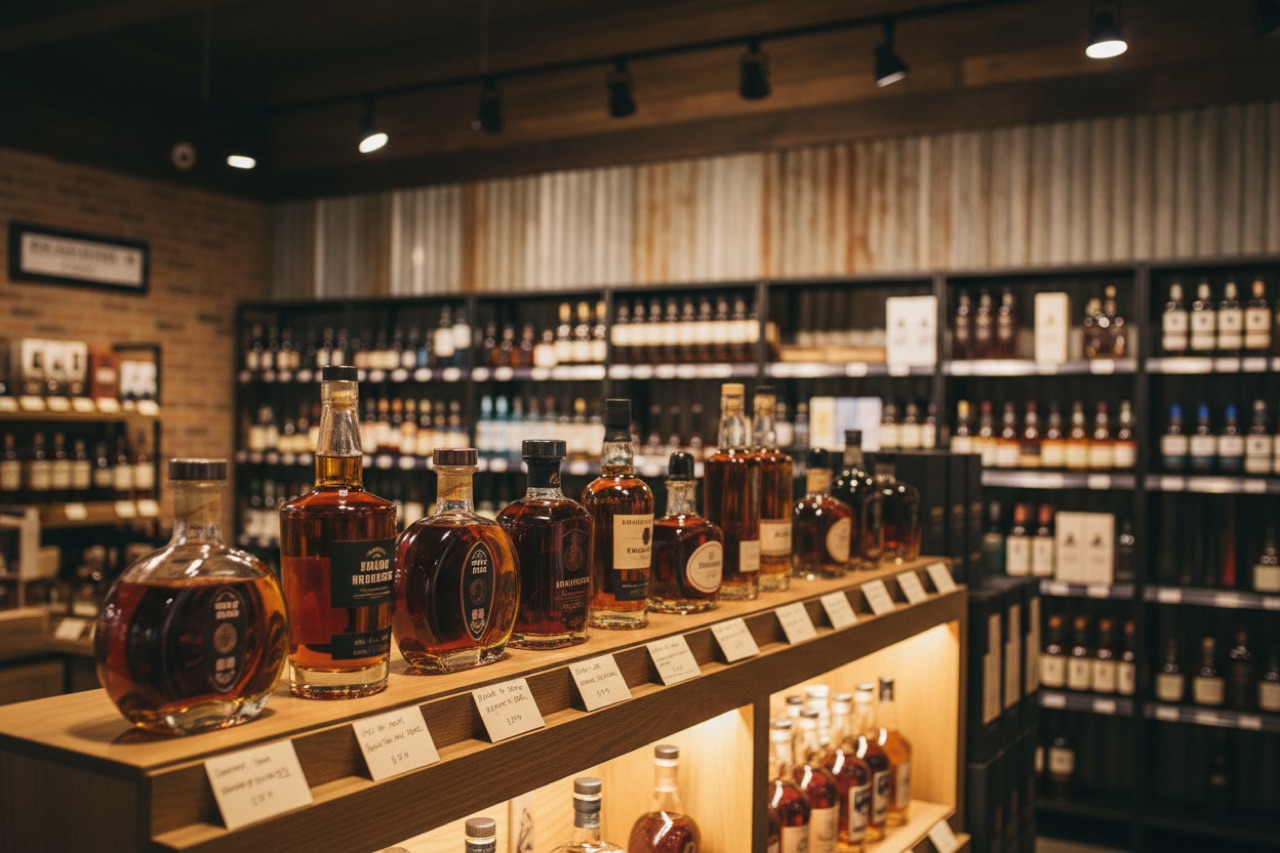 A curated shelf of rare and allocated premium bourbon bottles glowing under warm track lighting
