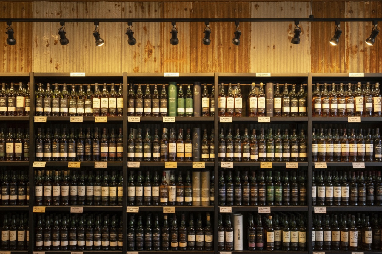 The single malt scotch shelf — green and amber bottles with tube boxes, organized by region