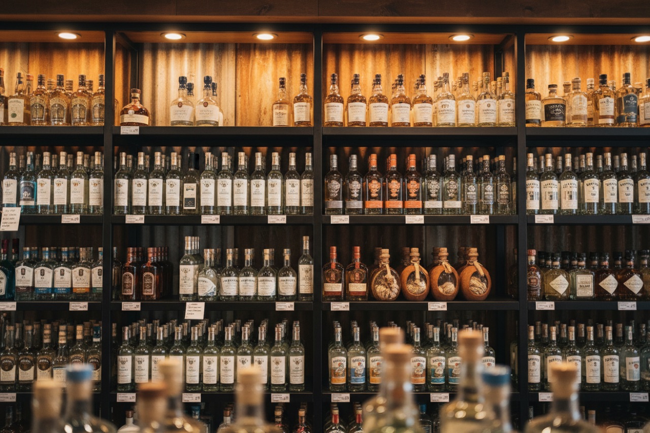 The tequila and mezcal section — rows of blanco, reposado, and añejo tequila plus artisanal mezcal on black shelving