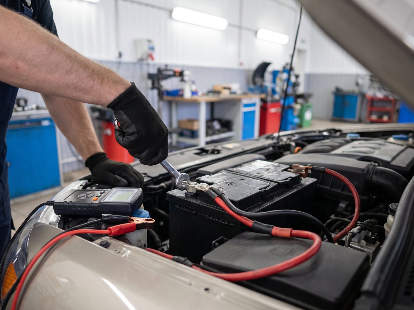 A new car battery seated in the engine bay with a technician tightening the terminal clamp