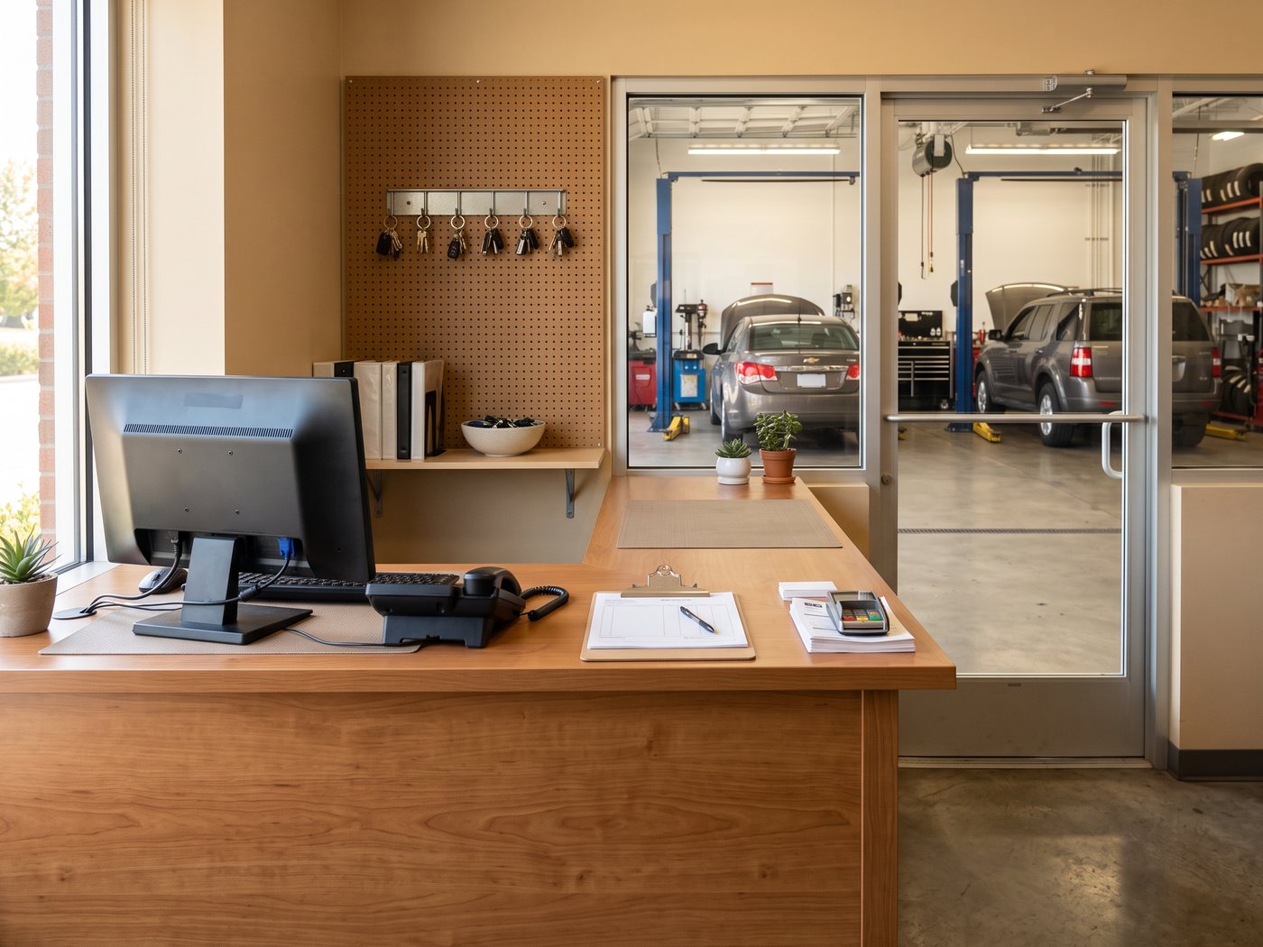 The auto care service counter with the workshop bays visible beyond