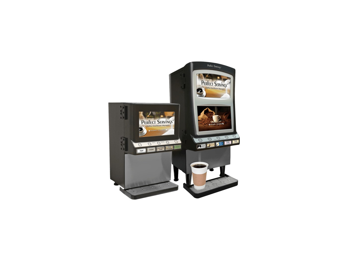 Perfect Servings coffee condiment dispensers — the portion-controlled creamer and sweetener units used at the coffee bar
