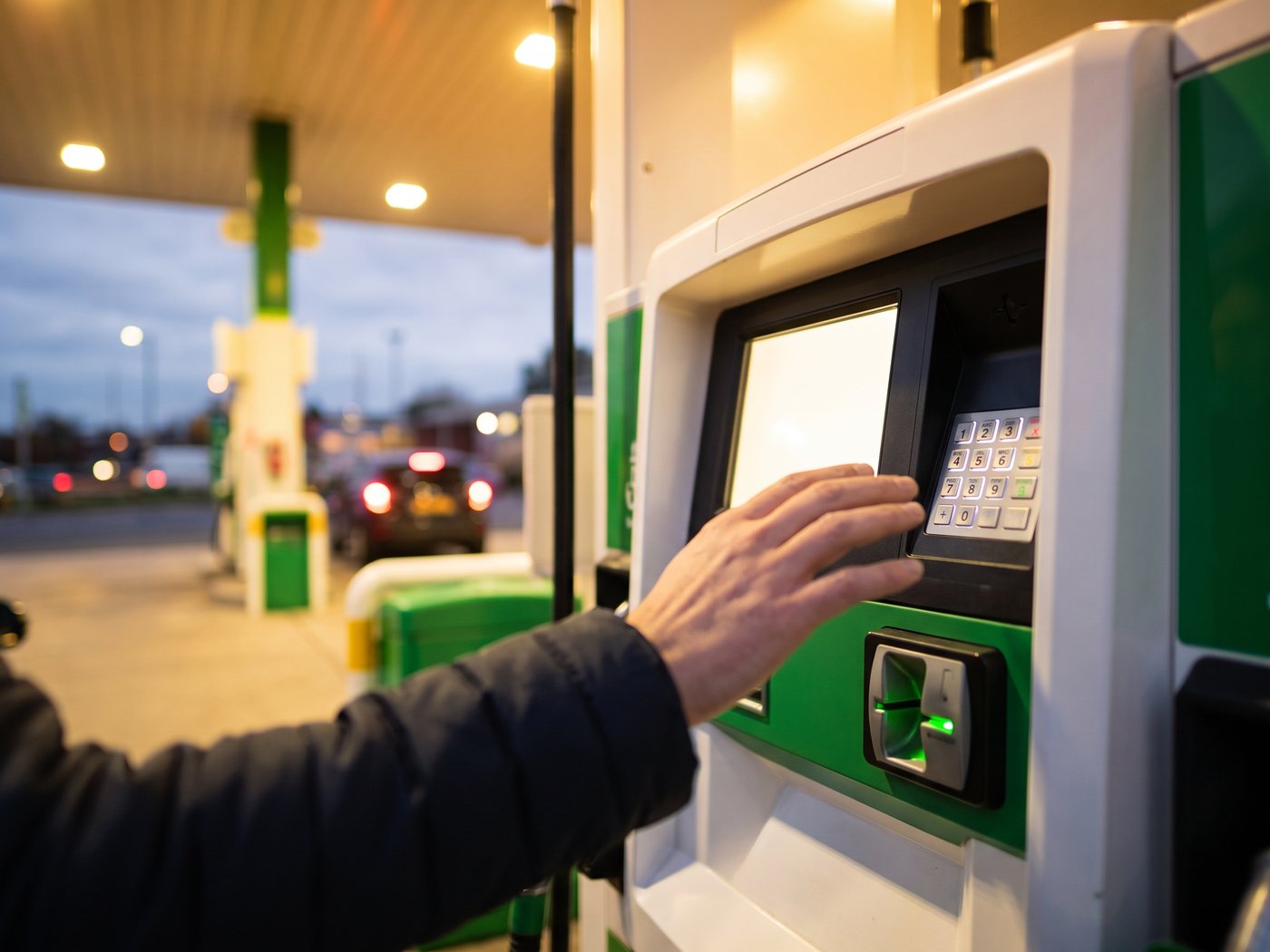 A hand entering a rewards number on the keypad of a fuel pump at dusk