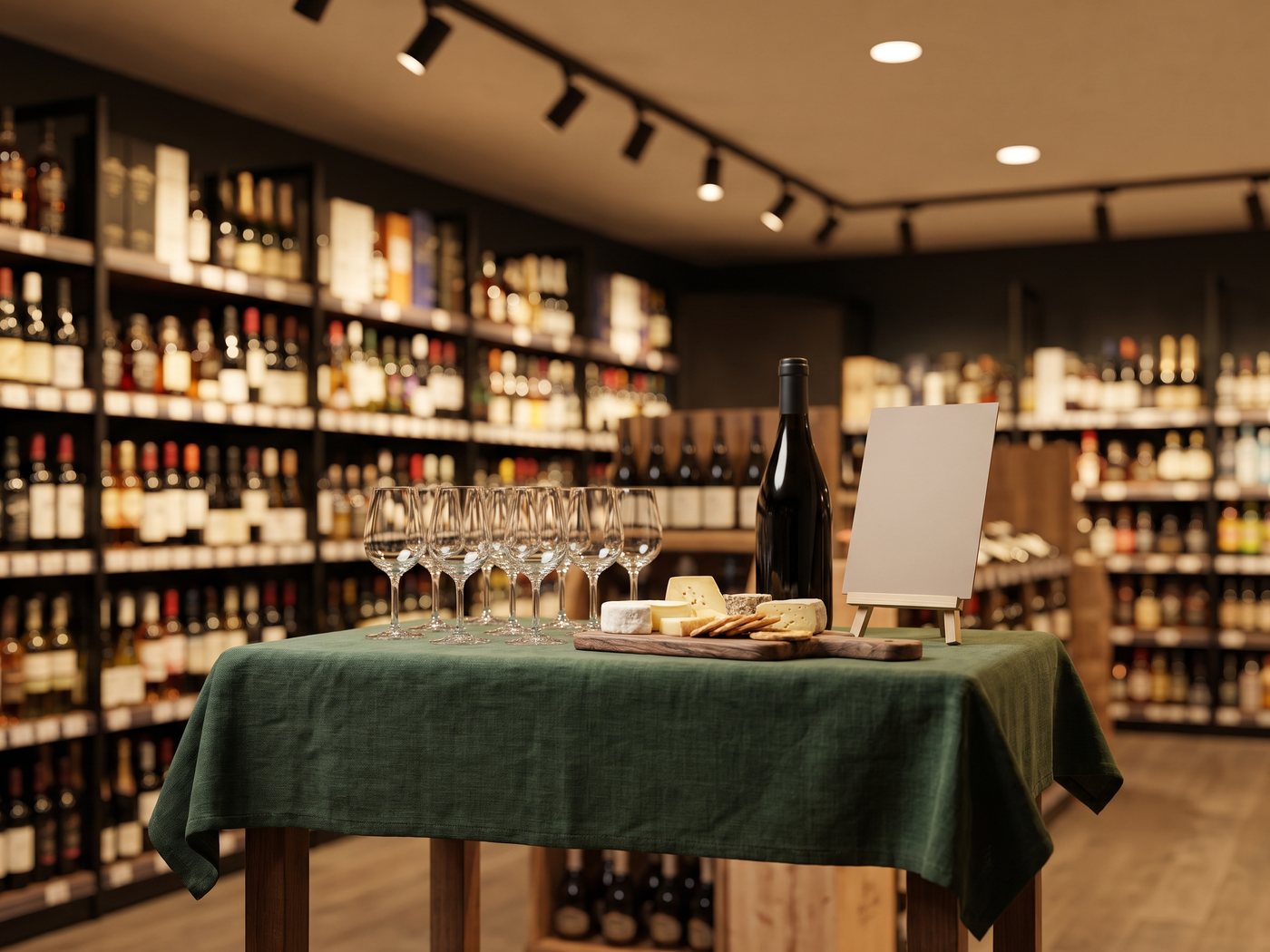 A tasting table set with stemmed glasses and a cheese board inside the liquor store
