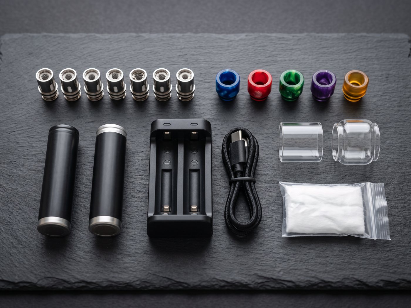Vape accessories — replacement coils, drip tips, batteries, a charging dock and spare tanks