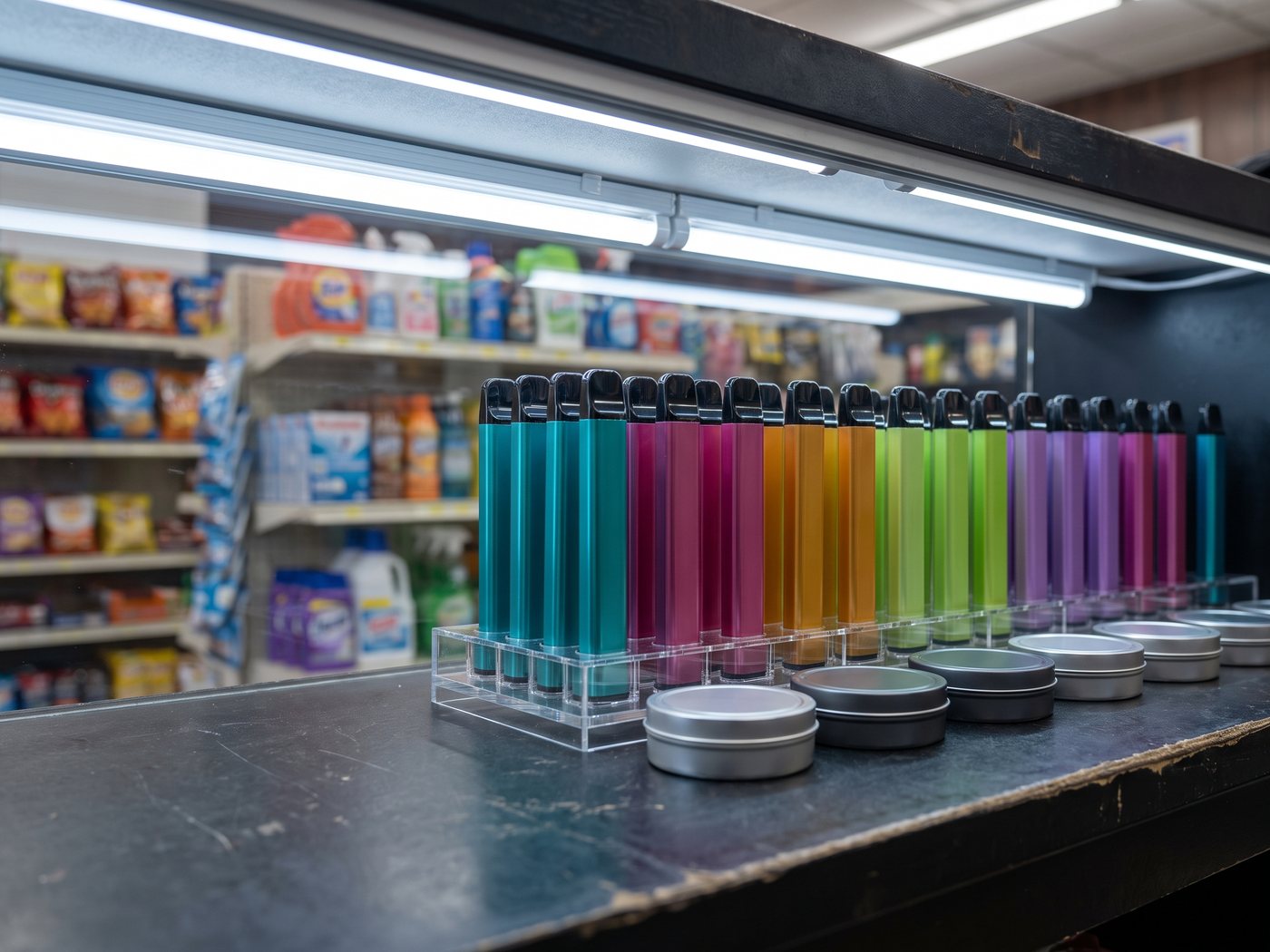 A riser of newly arrived disposable vapes in a spread of colours beside a row of pouch tins