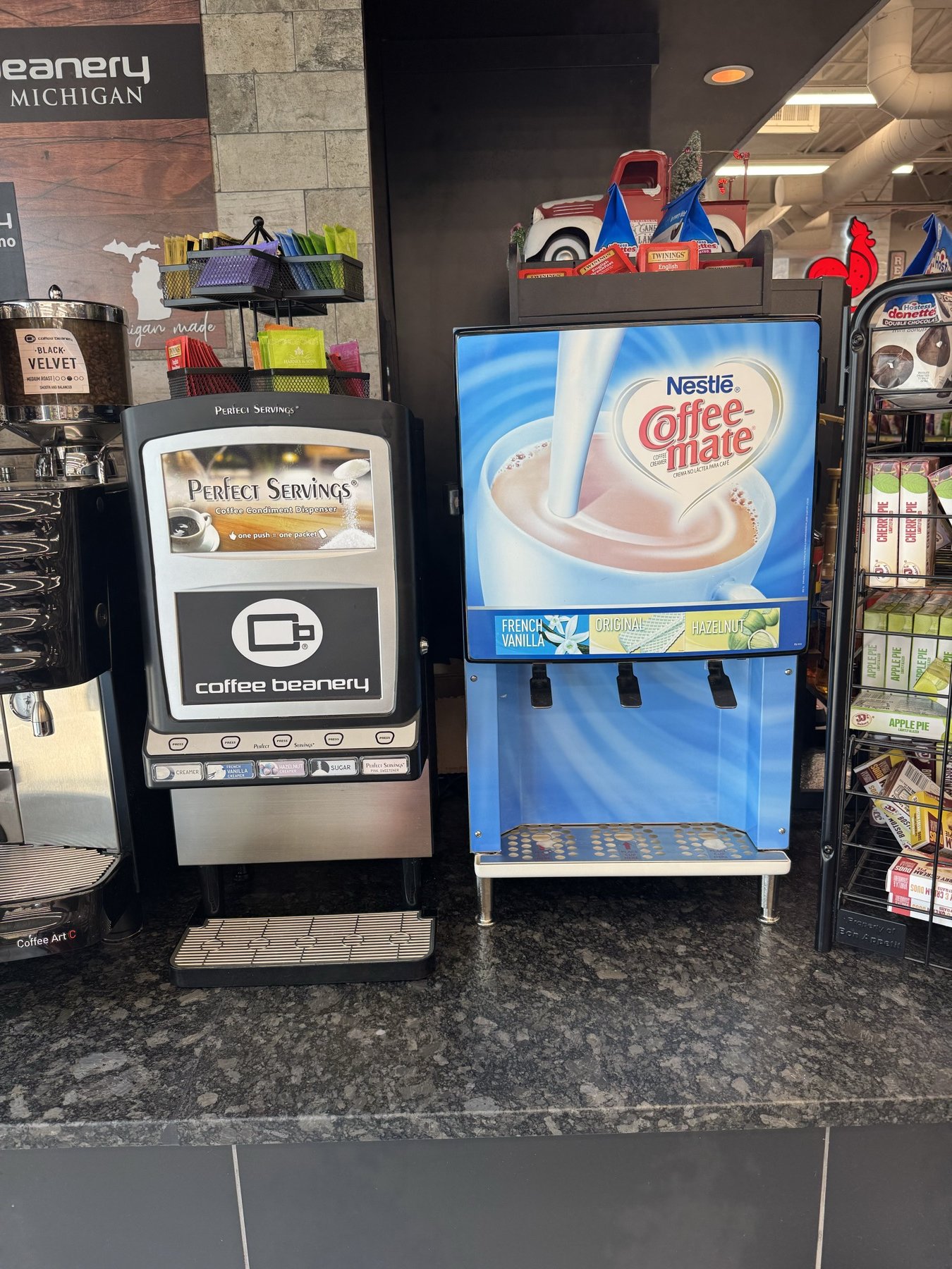 Coffee Beanery Perfect Servings machine + Coffee-Mate dispenser at Wixom