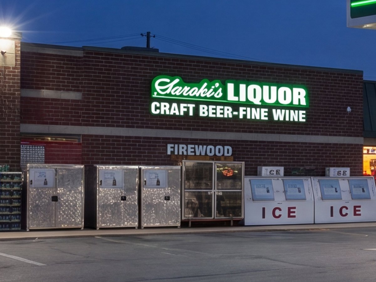 Firewood and two ICE merchandisers outside the Wixom storefront at night